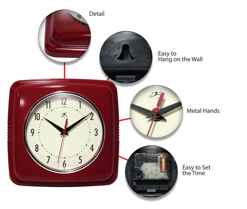 Infinity Instruments Square Silent Retro 9 inch Mid Century Modern Kitchen Diner Retro Wall Clock Quartz Sweep Movement (Red) - Image 5